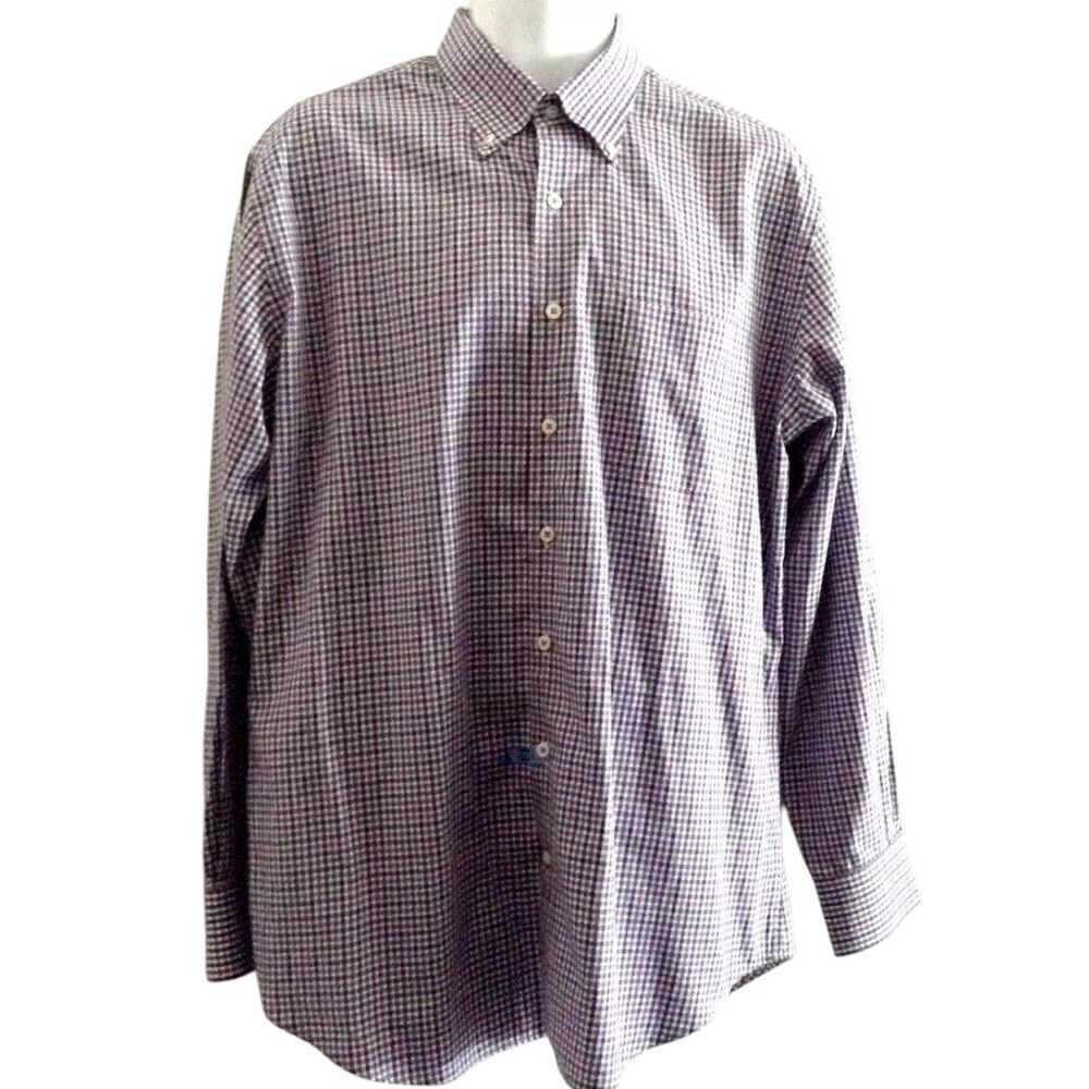 Peter Millar Men's Shirt Large Gingham Plaid Purple Black White LS